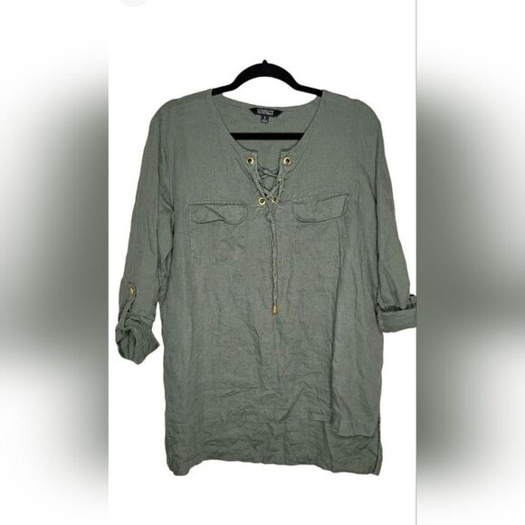 Ellen Tracy M Caper Green 100% LINEN Roll Tab Sleeve High Low Women’s Blouse - Picture 1 of 8